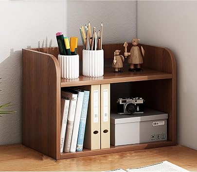 Desktop Organiser Office Storage Rack Wood Desk Organizer Display Shelf, Countertop Bookcase Desktop Bookshelf- Free Style Display,2One Size