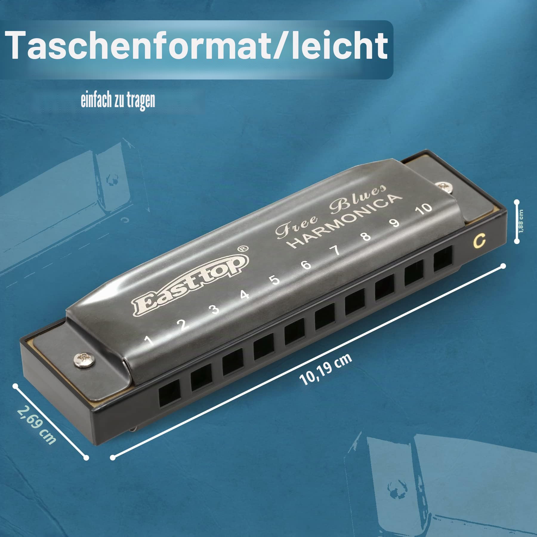East top Mundharmonika C, Diatonische Mundharmonika Blau 10 Holes Professionelles Diatonic Blues Harmonica Für professionelle Spieler, Anfänger, Studenten, Erwachsene als Geschenk