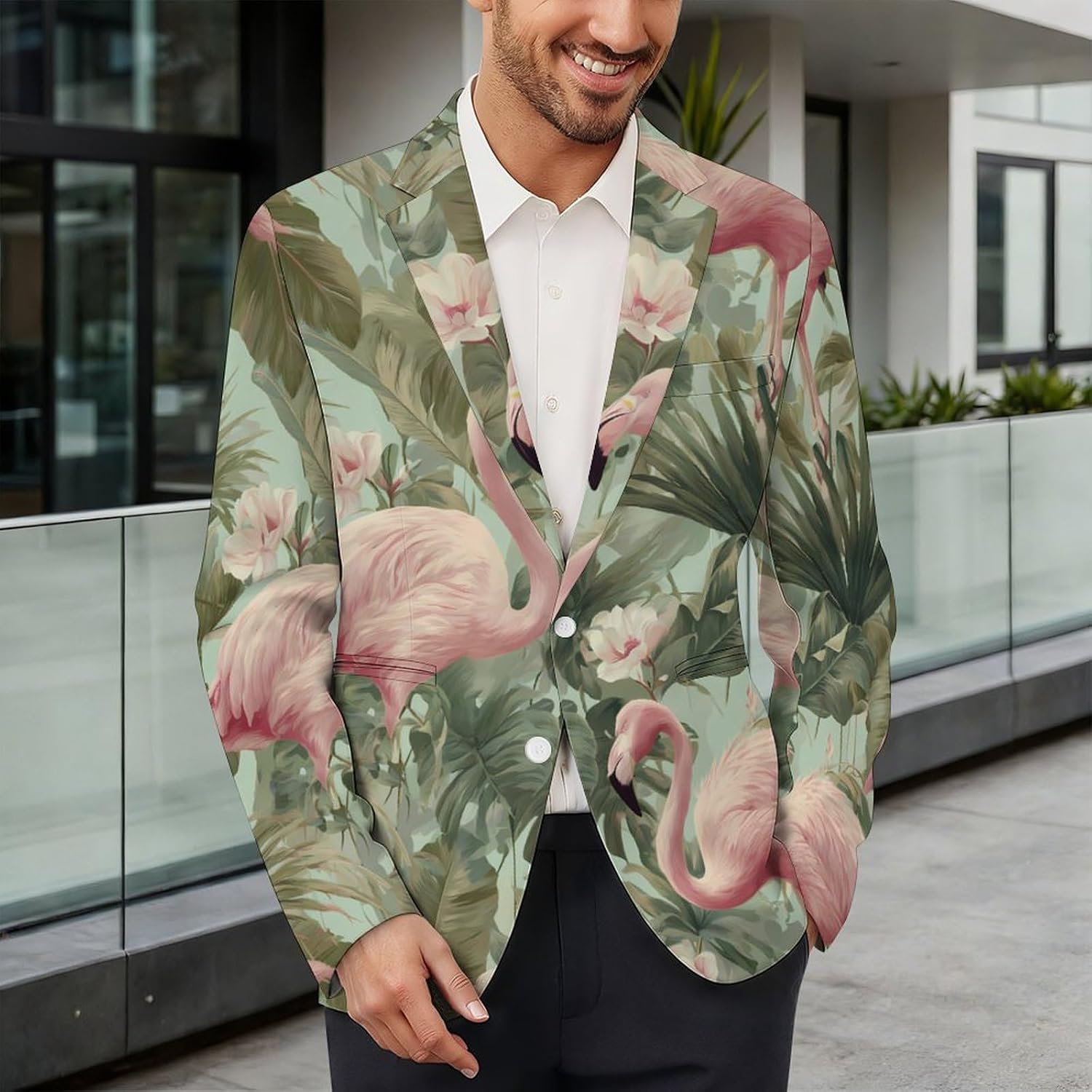 Flamingos Tropical Plants Suits Blazer for Men Buttons Jacket Coat Business 6X-Large