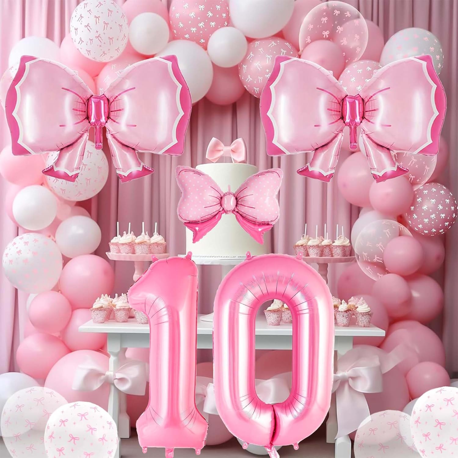 Coquette Birthday Decorations, Pink Bow Balloons Set with 40-Inch Number 10 Balloon, Pink Bow Birthday Decorations for Girls (Pink 10) image 3