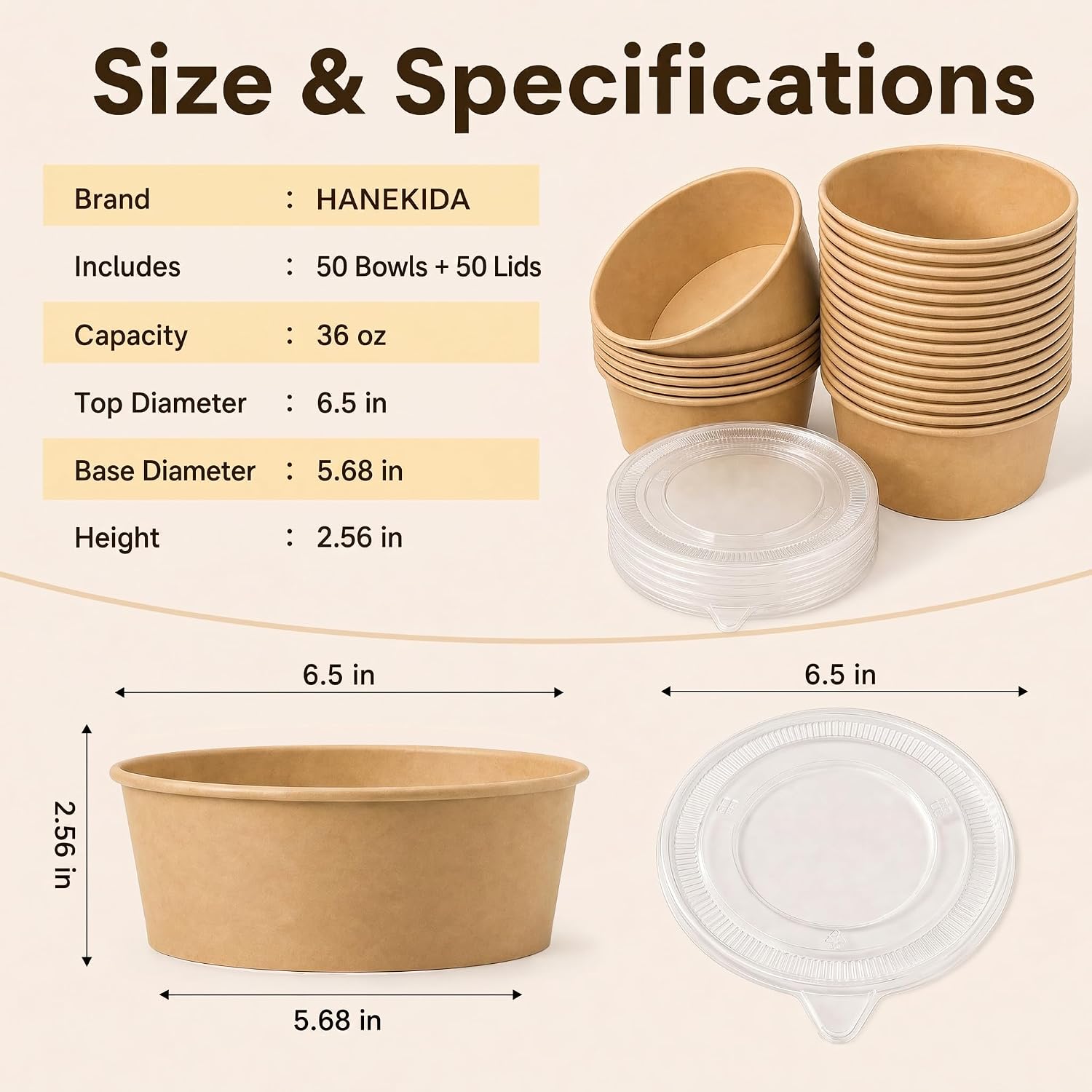 50 Count 36 oz Large Disposable Paper Bowls with Lids, Salad Containers for Lunch, Paper Meal Prep Containers for Hot & Cold Food, Soup, Ramen, Salad