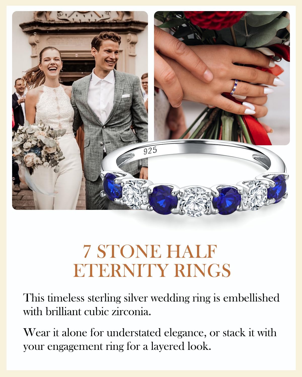 AIBAO Amethyst/Emerald/Ruby/Sapphire Half Eternity Band Rings for Women Sterling Silver Birthstone Stackable Rings Size 6 to 10 Anniversrty Valentines Mother's Day Jewelry Gift with Box - Image 4