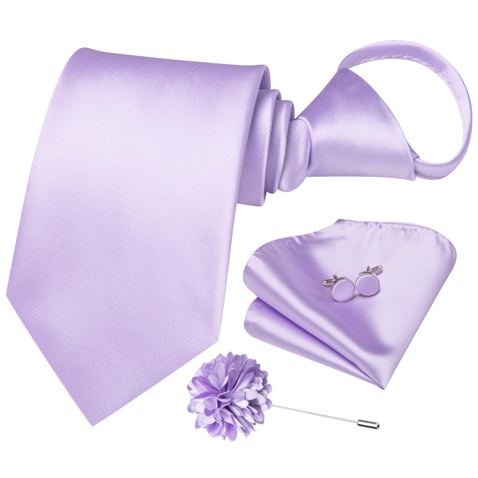 Hi-Tie Zipper Lavender Paisley Ties for Men Adjustable Pre-Tied Necktie Lapel Pin Pocket Square Cufflinks Set