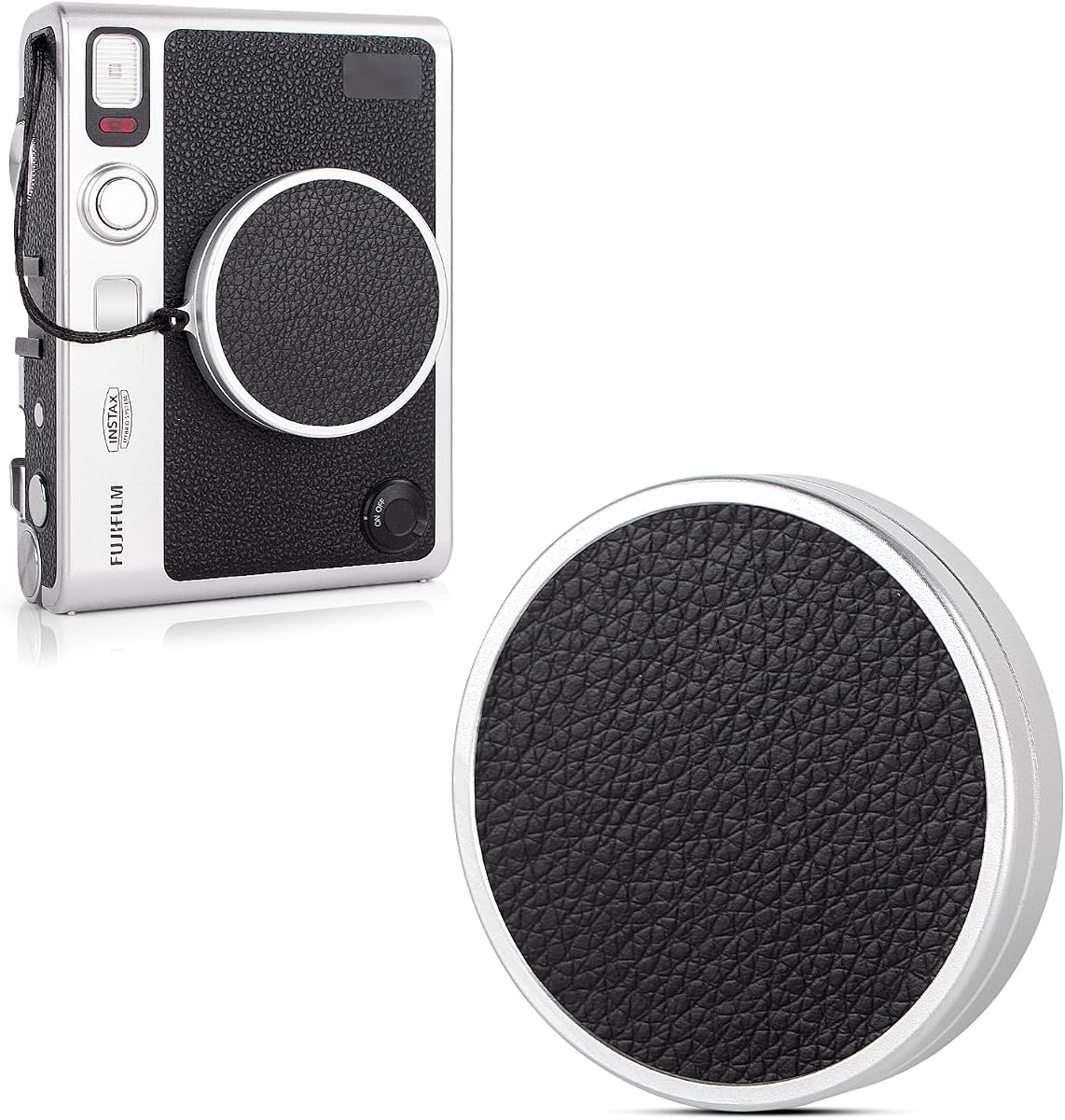 Rieibi Lens Cap for Fujifilm Instax Mini Evo, Fuji Instax Accessories - Anti-Scratch Retro Leather Aluminum Lens Cover with Flocking Internal, Anti-Lost Wrist Strap-Black