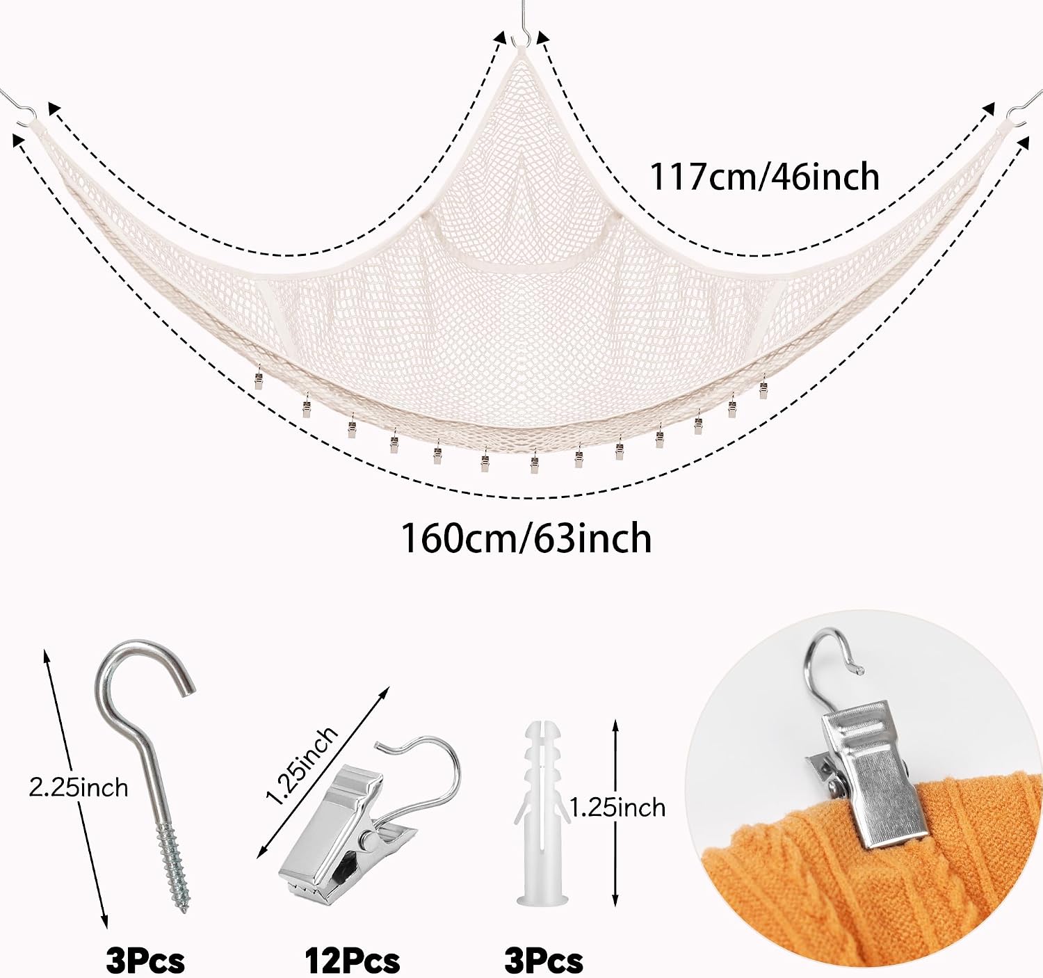 Kangaroo Stuffed Animal Storage Hammock, Corner Hanging Toy Organizer, Stuffed Animal Storage | Easy to Hang Plushie Net - Included Anchors & Hooks | for Toy Room, Nursery Bedroom & Home Decor (White)
