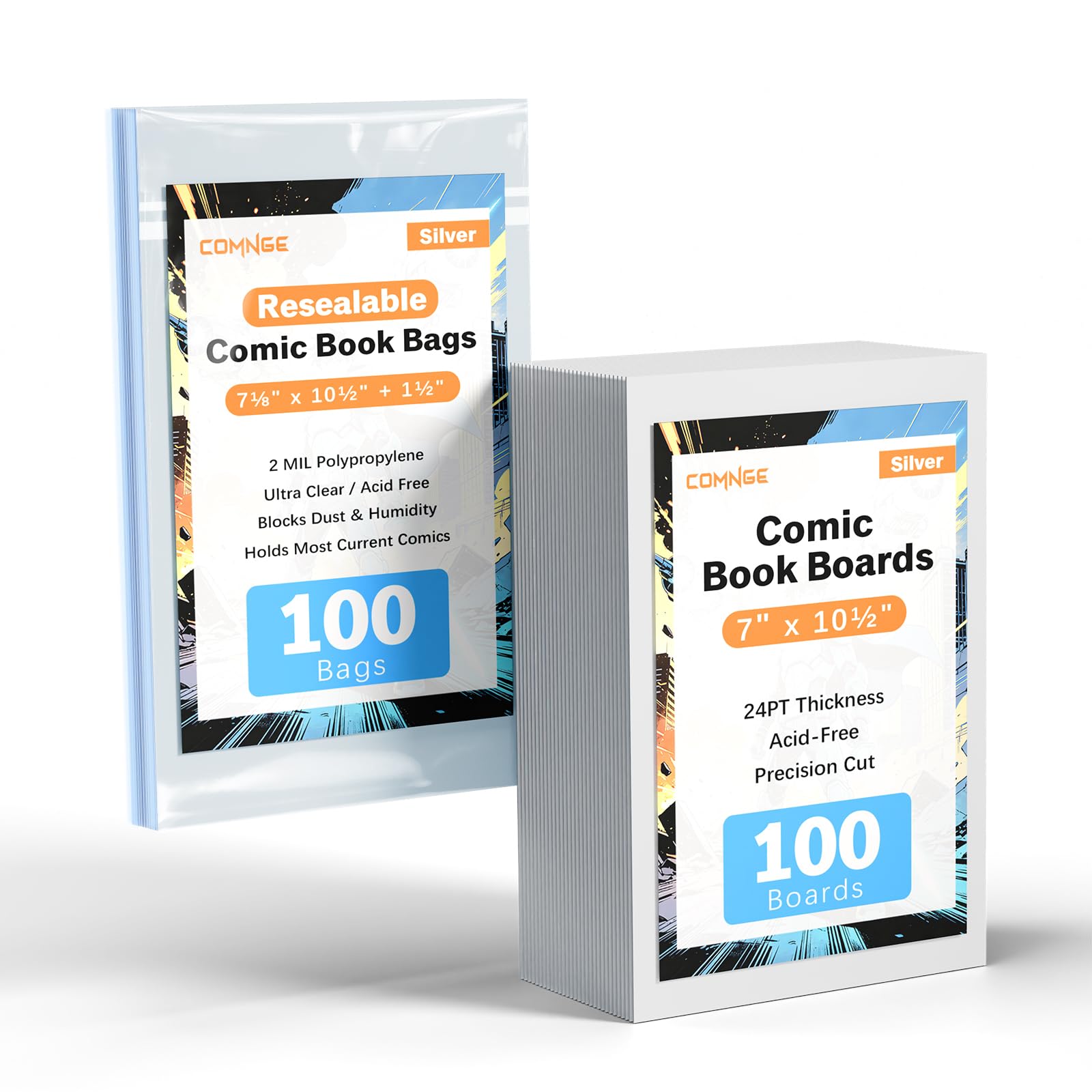 View 1 of 100ct Silver Age Comic Bags and Boards - Resealable Acid-Free Sleeves