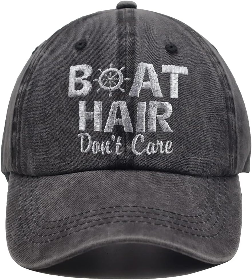 Boat Hair Don't Care Hat for Men Women, Embroidered Adjustable Cotton Washed Distressed Denim Dad Baseball Cap