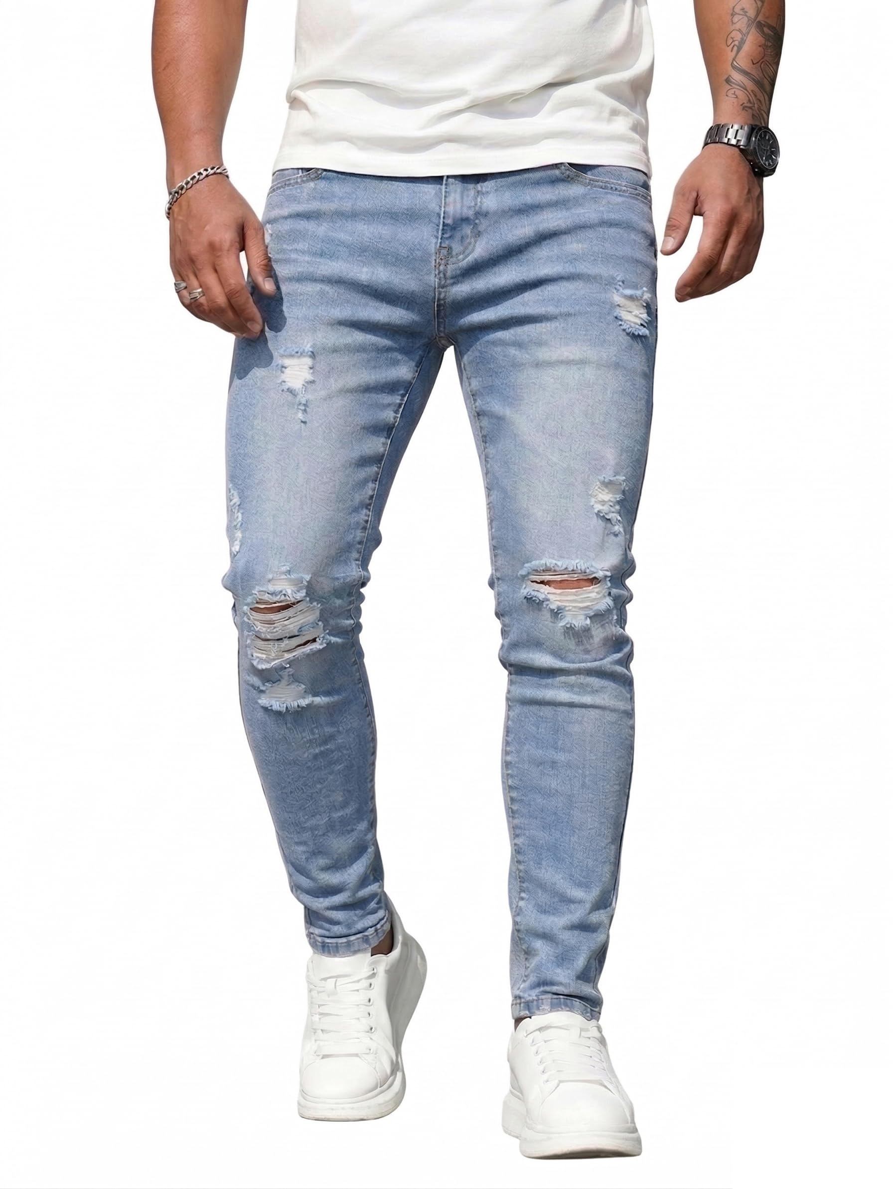 HUNGSON Men's Ripped Skinny Jeans Stretchy Slim Fit Jeans Pants for Men
