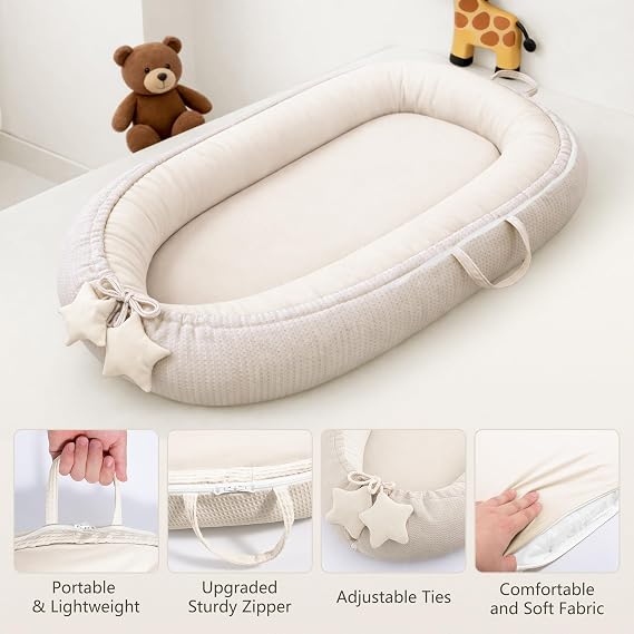 Susurration Baby Nest Pod for Newborn, Portable Smooth Microfiber Baby Lounger Sleep Pod, Baby Essentials Gifts for Baby Boys&Girls Home and Travel (Beige)