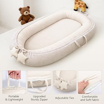 Susurration Baby Nest Pod for Newborn, Portable Smooth Microfiber Baby Lounger Sleep Pod, Baby Essentials Gifts for Baby Boys&Girls Home and Travel (Beige)