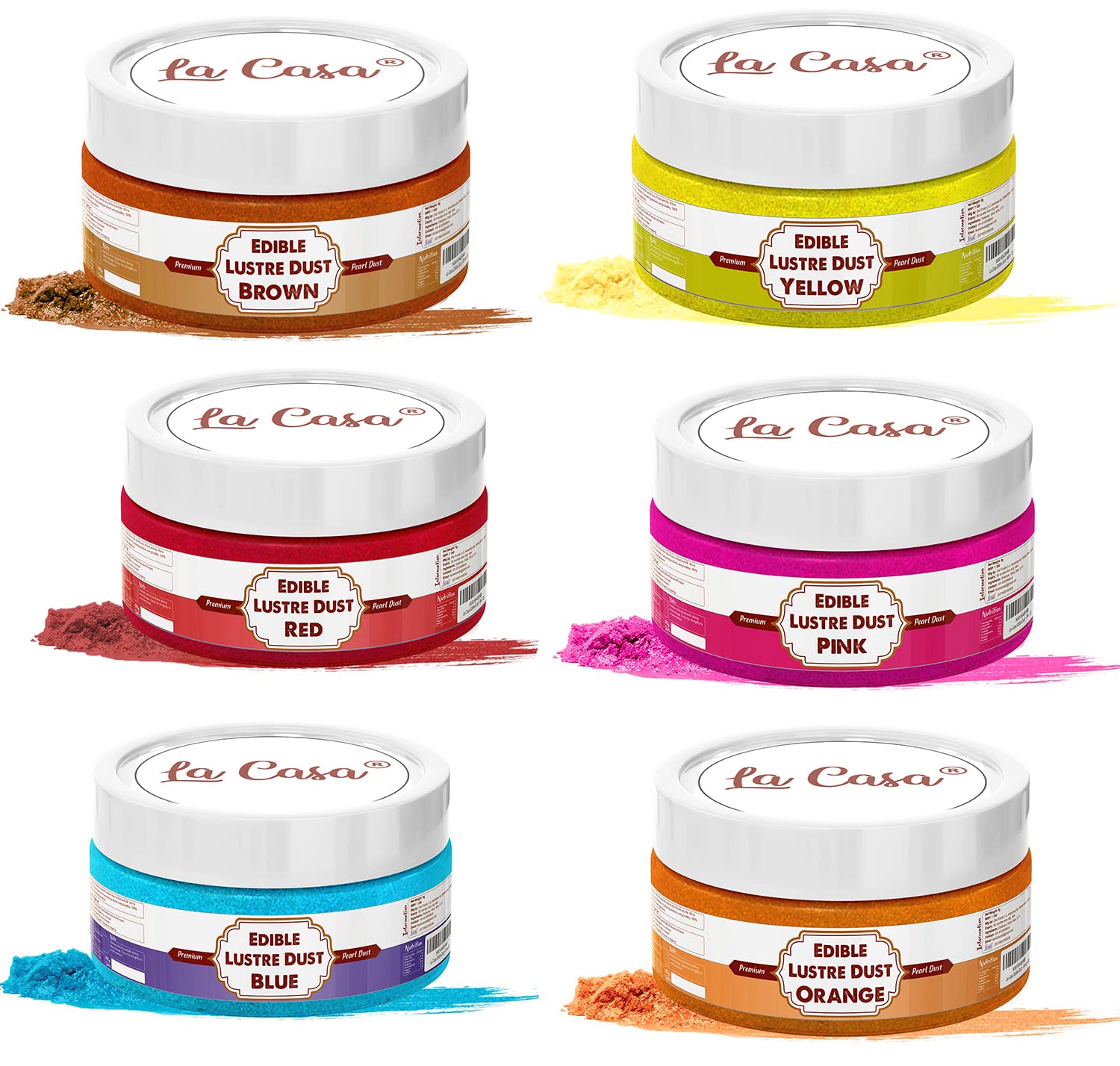 La Casa Premium Edible Lustre Dust - RED+PINK+YELLOW+BROWN+ORANGE+BLUE | Pack of 6 | Pearl Dust Ideal for Cake Icing Decoration & Garnishing | 6x9g | (B0BTBLFJ17) Amazon Price History, Amazon Price Tracker