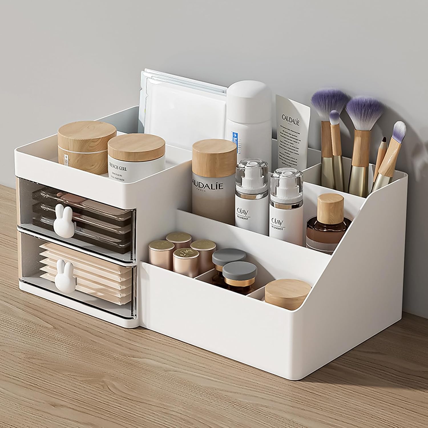 White Desk Makeup Organizer with Drawer,Office Desktop Storage Box,Cosmetic Brush Holder Mini