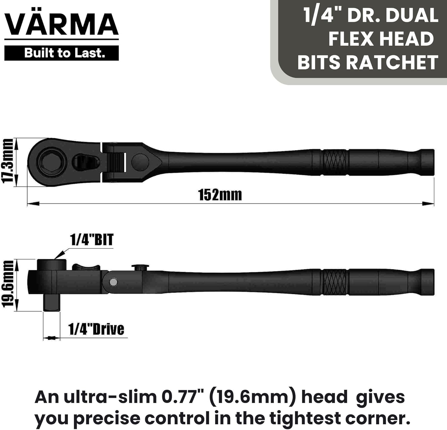 1/4" Drive Dual Flex Head Ratchet & Bit Driver – 6-inch long, 72-Tooth, 5° Swing Arc, High Torque, Chrome Vanadium Steel