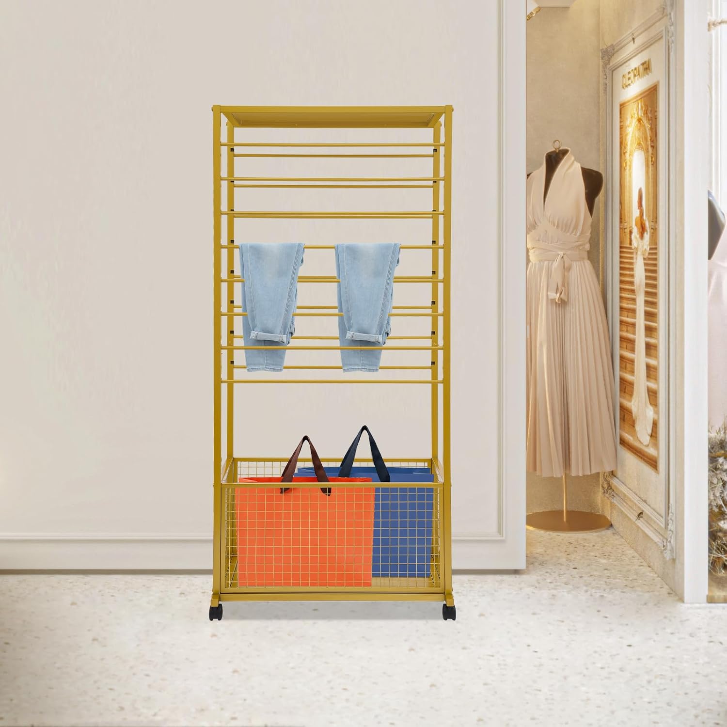 16-Tier Ribbon Holder Rolling Rack, Double-Sided Ribbon Spool Shelf with 16 Removable Rods, Lockable Wheel&Basket, Flower Wrapping Paper Storage Stand for Clothing Store(Gold, 26.38x12.6x59.06in)