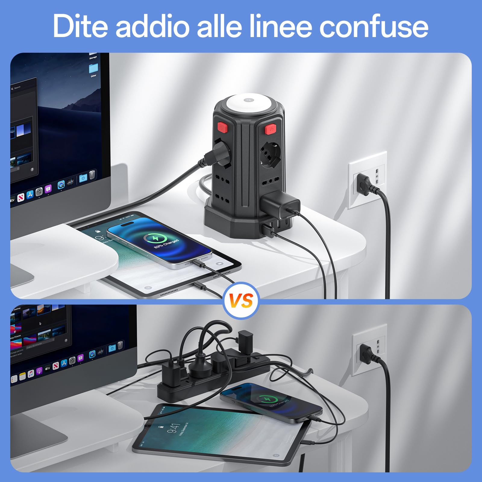 3 m Steckdosenleiste mit Nachtlicht 12 Universalsteckdosen 10/16 A ITA und Schuko und 3 USB A + 1 USB C Überspannungsschutz mit 4 unabhängigen Schaltern für Büro, Zuhause