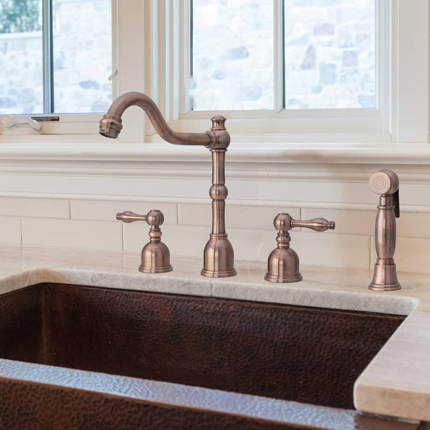 Akicon Two-Handles Antique Copper Widespread Kitchen Faucet with Side Sprayer