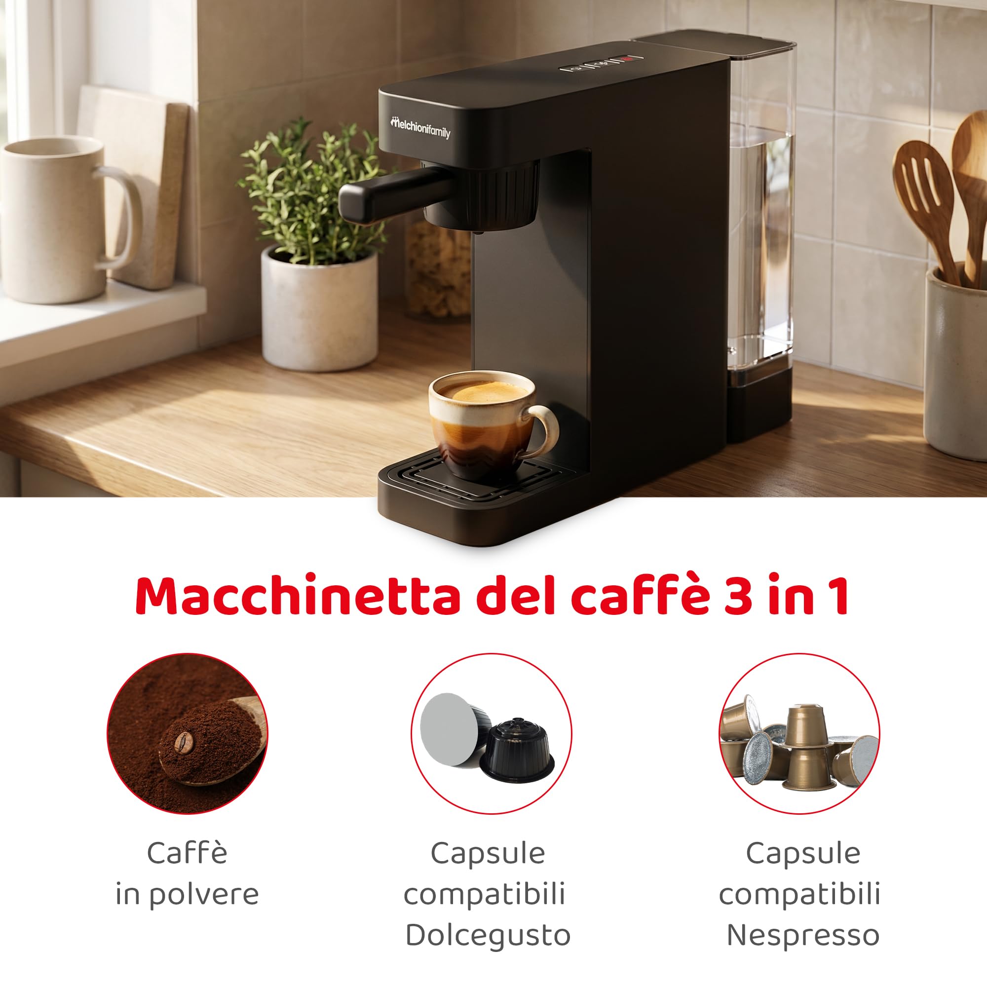 Melchioni Sublime - Macchina del Caffè 3 in 1 - Compatibile con Capsule Nespresso, Dolce Gusto e Caffè Macinato - Pompa 20 Bar - 1450W - Serbatoio 0,6L - Caffè Lungo e Corto (Nero)