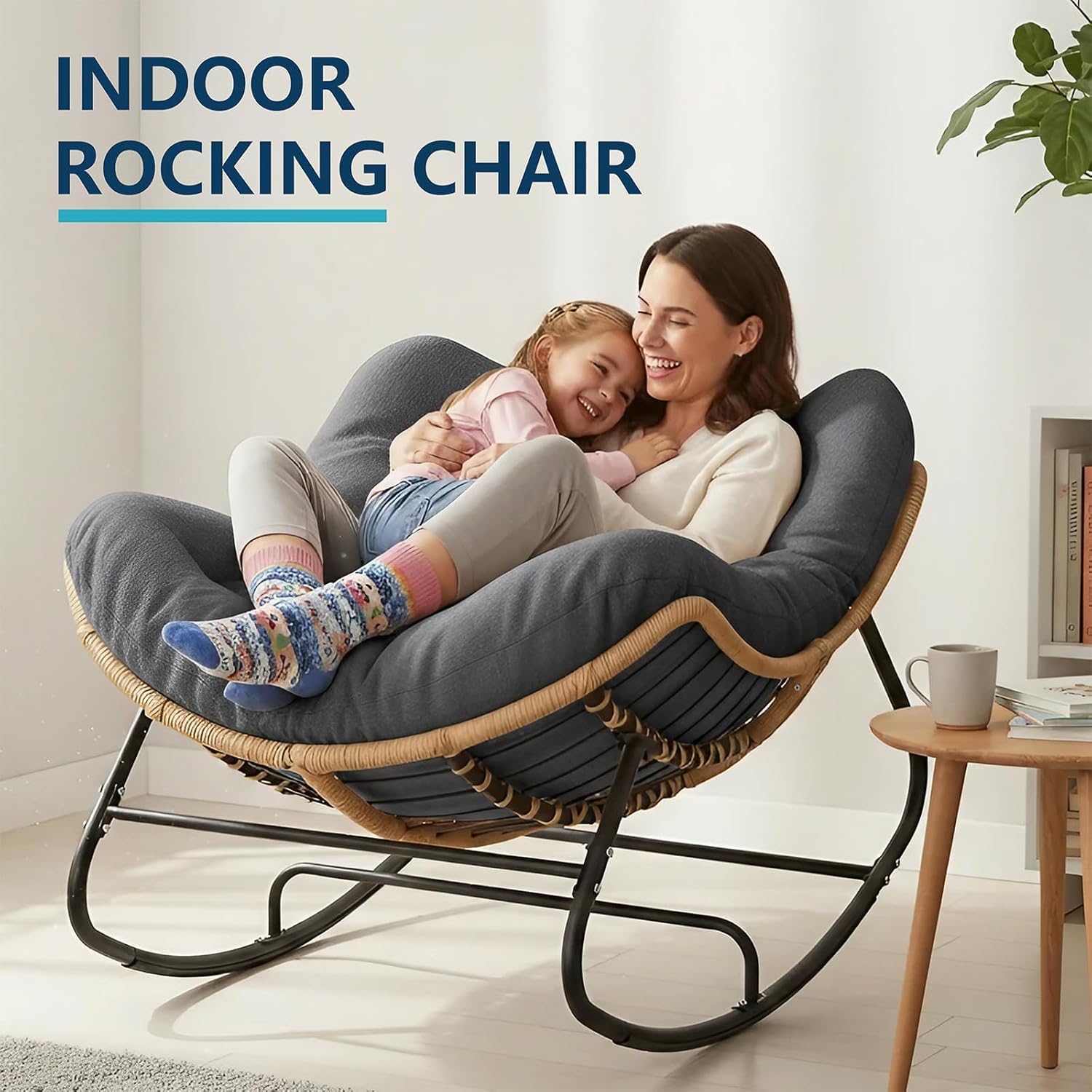 Outdoor Rocking Chair, Oversized Papasan Chair, Indoor Comfy Lounge Rocker with Cushion for Patio, Living Room, Porch, Balcony-Dark Grey