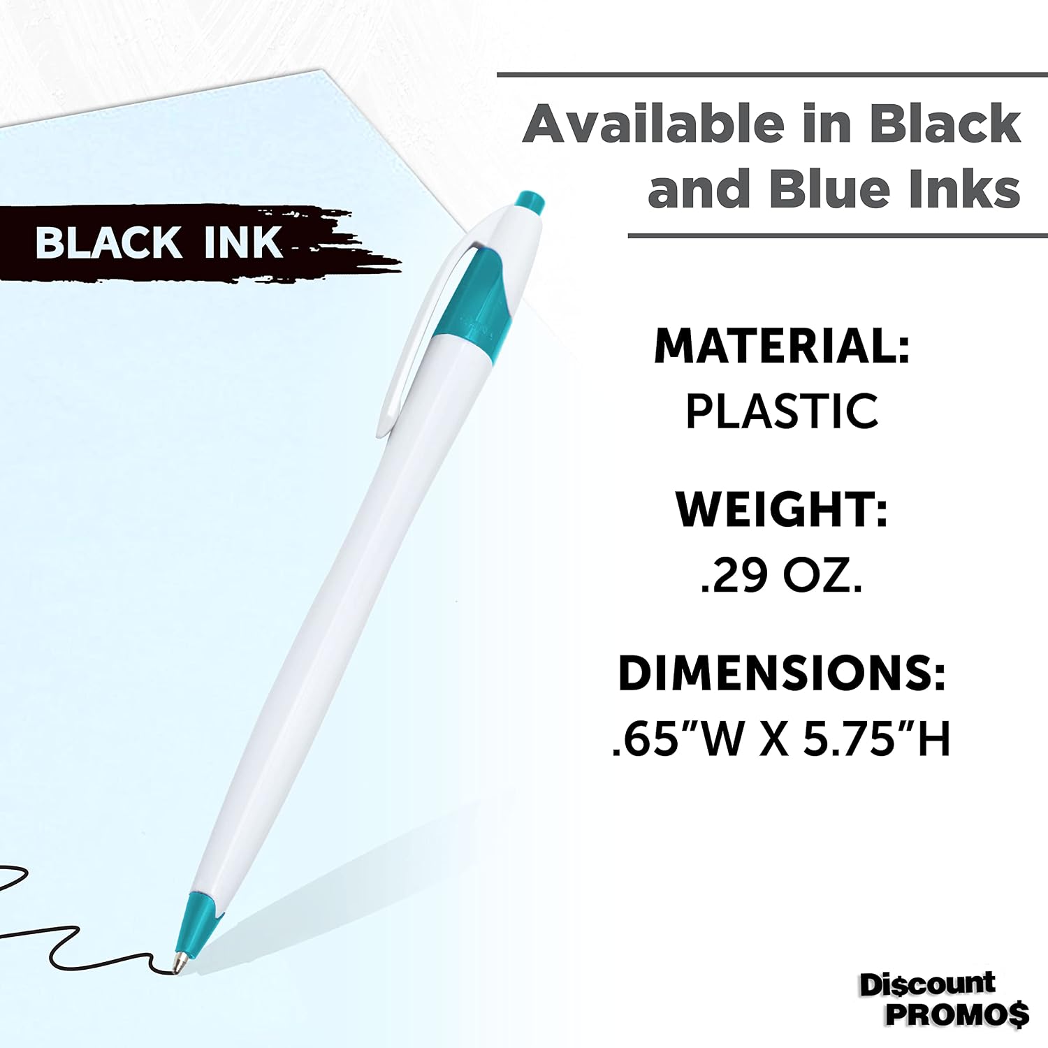 Personalized Ballpoint Pens Set of 10 by DISCOUNT PROMOS- Black Ink, Slim & Curvy Design, Retractable, Ideal for Office, Corporate Merchandise, Tradeshows- Teal