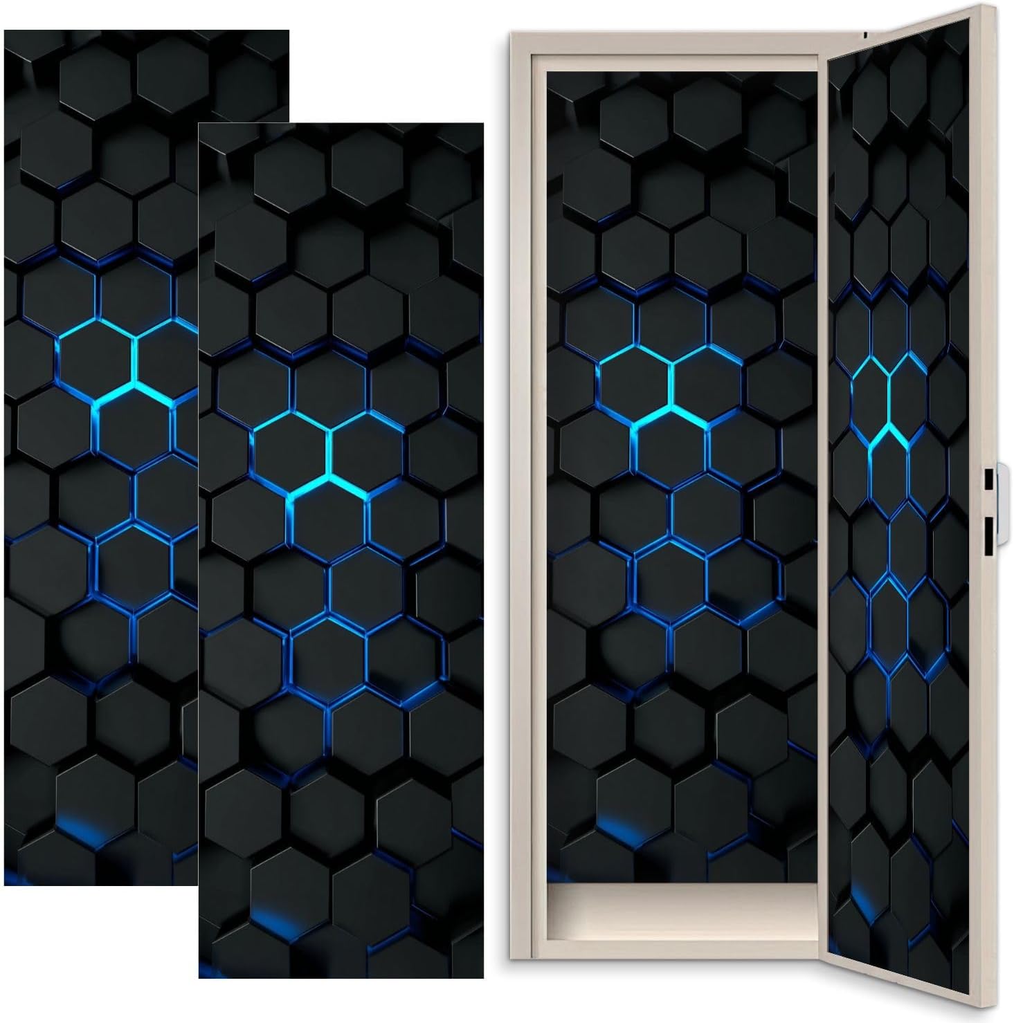 2 Pcs Locker Magnetic Wallpaper Futuristic Black Hexagon Neon Blue Geometric Abstract Design 12" x 36" Wall Magnetic Sticker Removable Locker Accessories for Girls Boys School Office Home