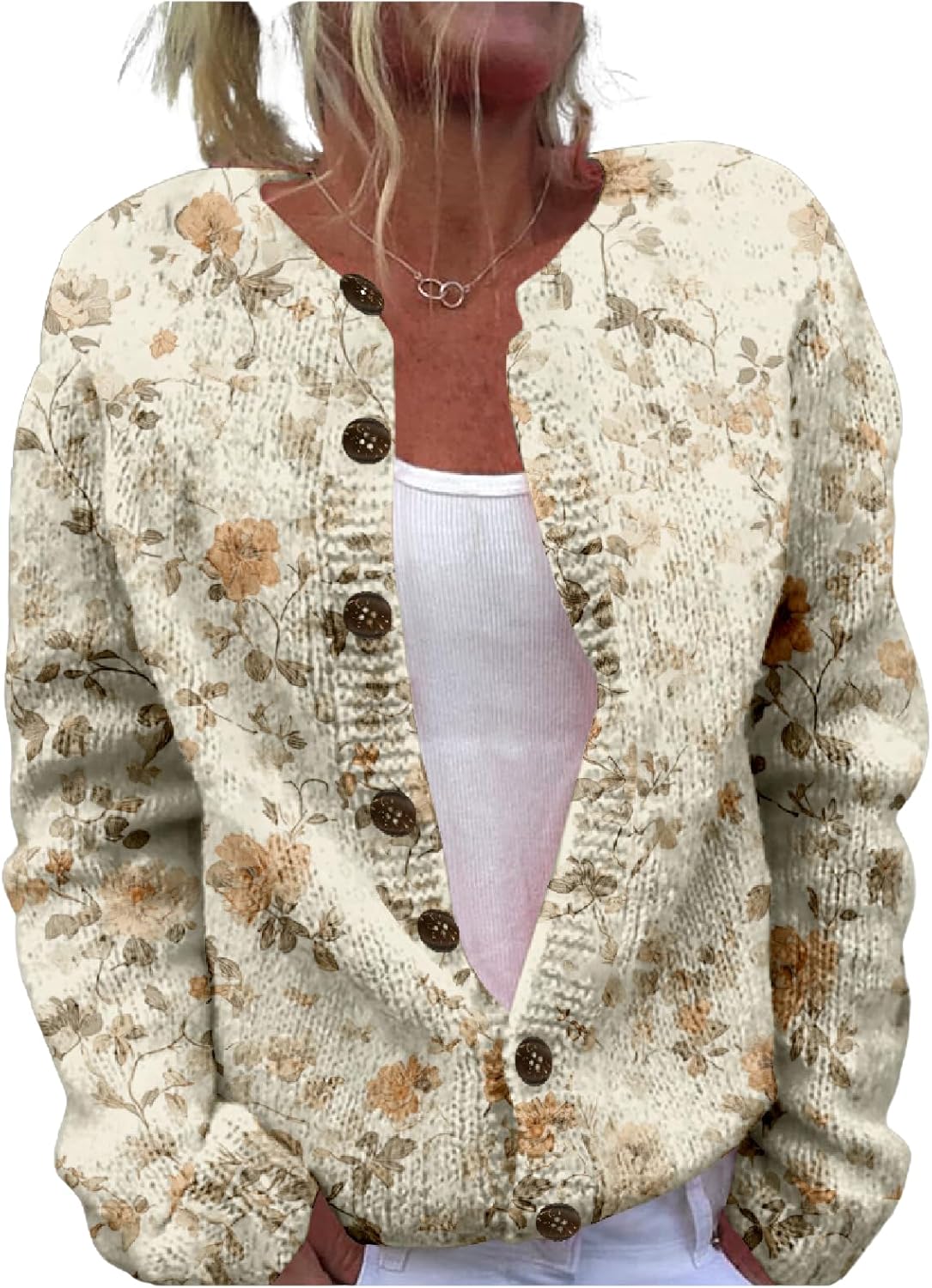 MARSVOVO Women's Boho Open Front Cardigans Cute Flower Print Sweaters Crew Neck Button Down Trendy Fall Tops Coat