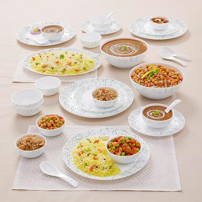 Larah By Borosil Moon Riva Dinner Set- 33 Pcs, Opal Glass Dinner Plates & Bowls Crockery Set for Dinning, White
