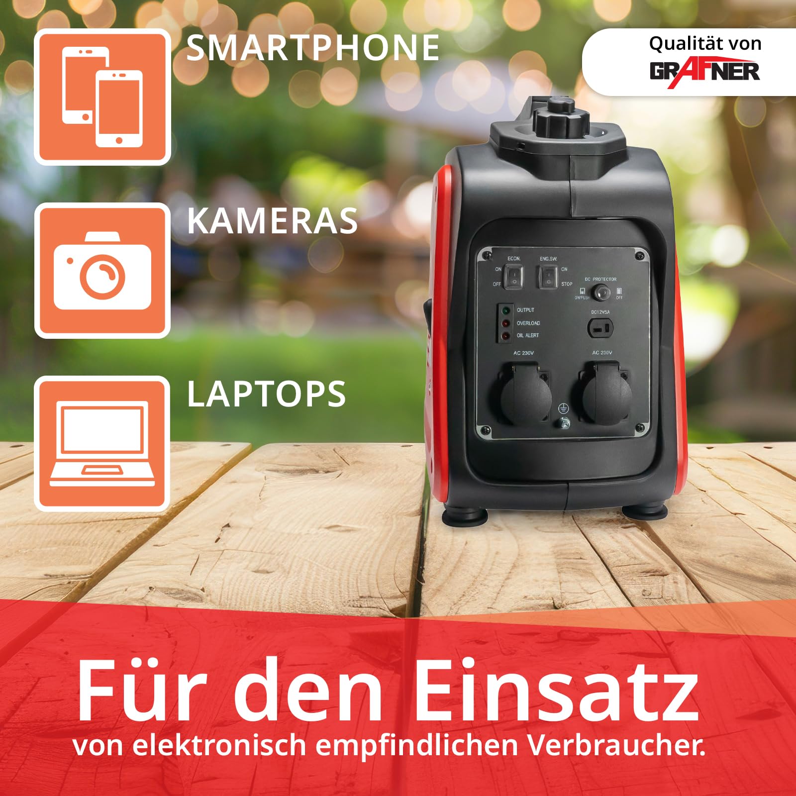 Grafner Inverter Stromerzeuger 2200 W (2 KW Dauerleistung), Benzinbetrieb 4 Takt, 2x 230V, Invertertechnologie für empfindliche Geräte, leicht robust, digitaler Benzin Generator Notstrom Aggregat