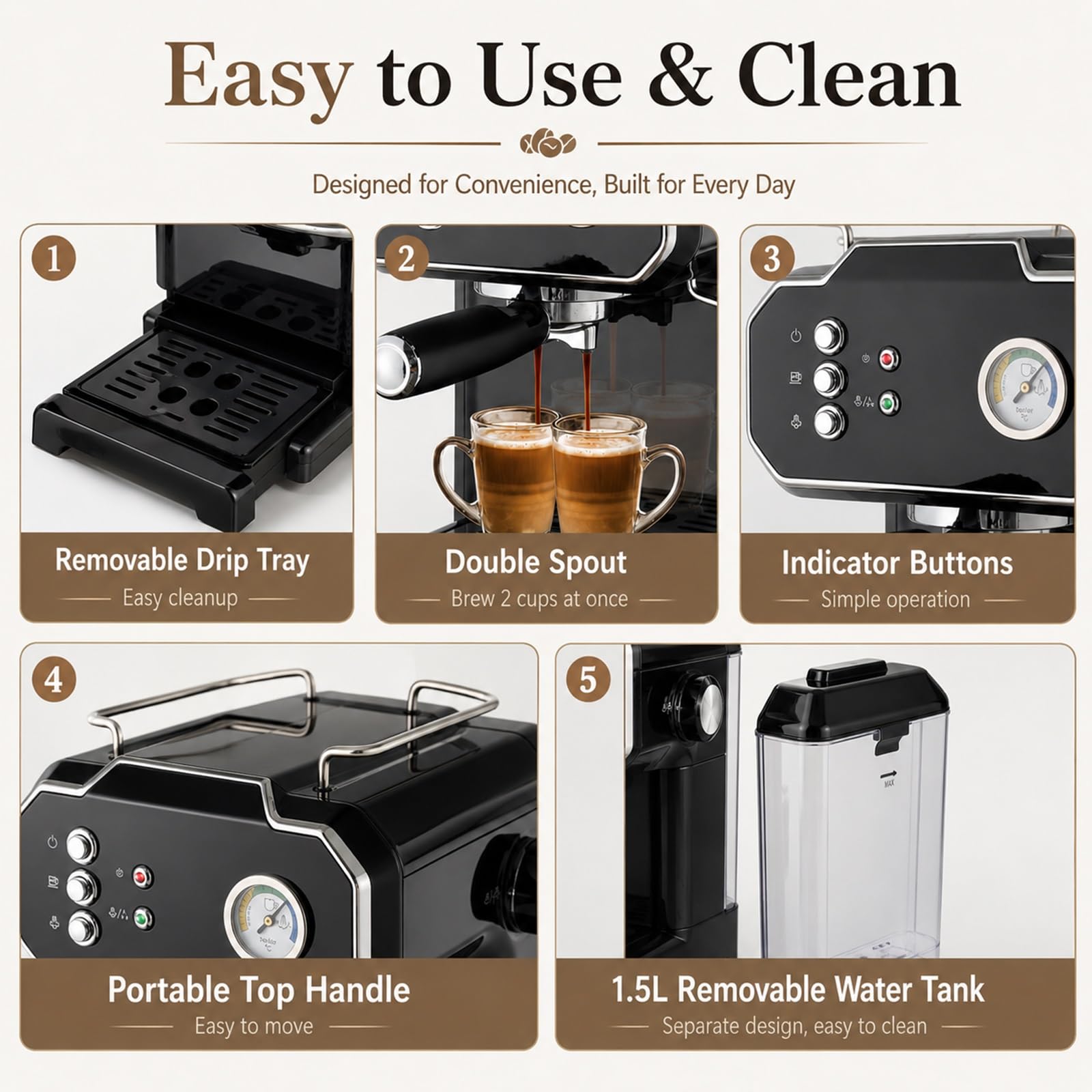 Cafetera Espresso De 15 Bares, Máquina Automática Con Vaporizador Para Espumar Leche, Cafetera De Alta Presión Para Cappuccino Y Latte, 850 W, Ideal Para El Hogar Y La Oficina