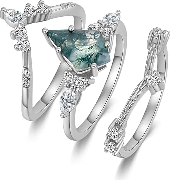 Natural Moss Agate Rings for Women Kite Cut 925 Sterling Silver Moss Green Agate Ring for Women Wife, Optional 4 Colors (Rose/Yellow/White/Black), Ring Size 4-11