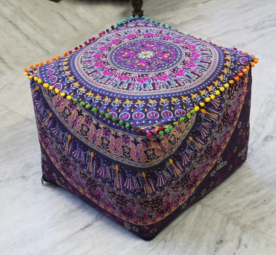 Indian Handmade Mandala | Square Ottoman Pouf Cover | Footstool Seating (Floral Mandala, 22x22x22)