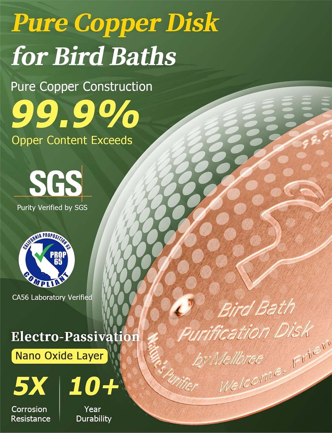 Mellbree Bird Bath 12" for Outside Lake Blue and Gold Gilding with Bird Bath Copper Disk