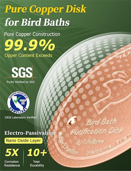 99.99% Pure Copper Purification Disk for Bird Bath Clean, Mellbree Birdbath Cleaner 0.6mm Self-Cleaning Design Keeps Water Fresh Year-Round, Fit for Outdoor Birdbaths & Bowls Bird Bath Fountains etc. - 3