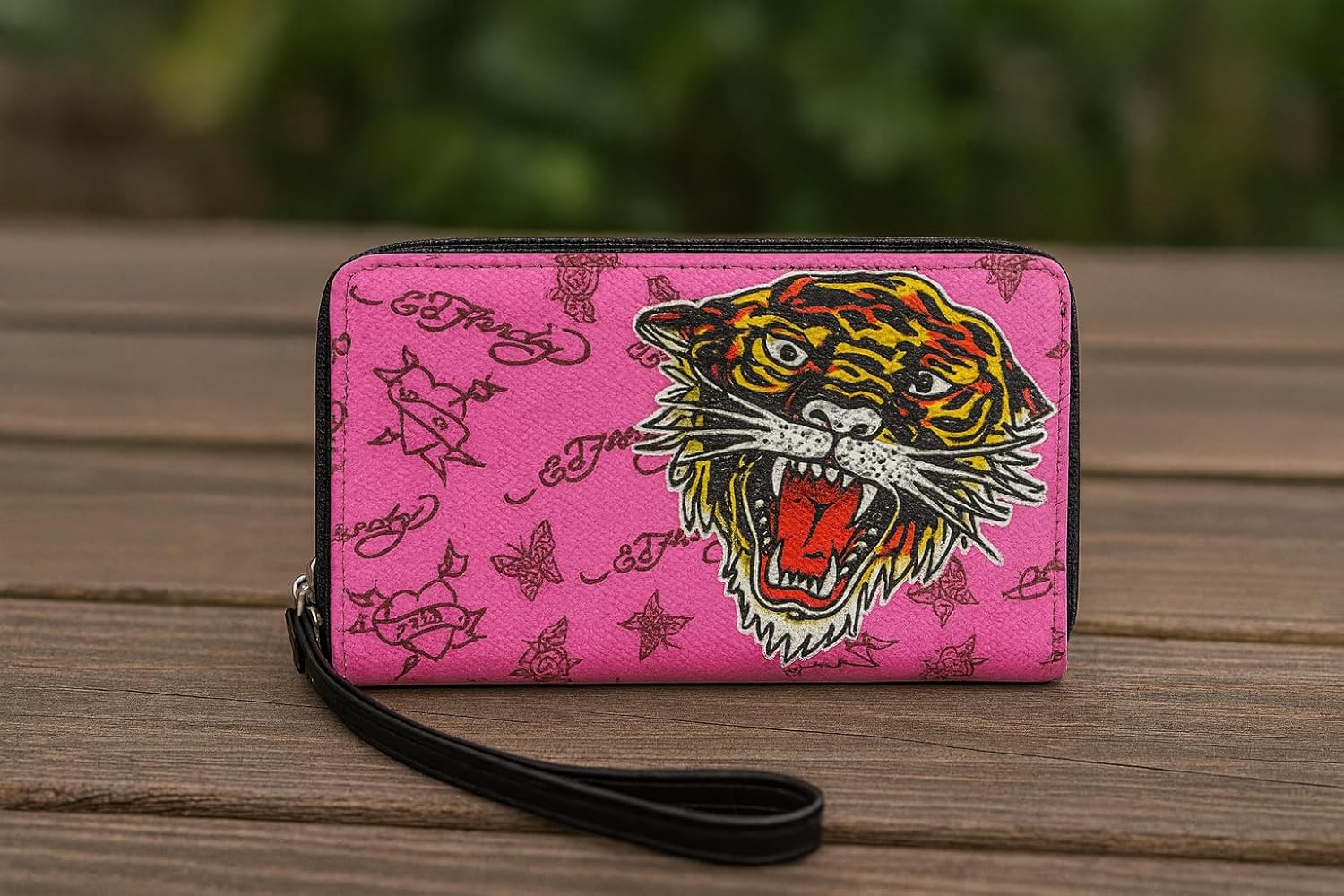 ED HARDY Women's Zip Around Wallet with Wrist Strap (Pink Pebbled)