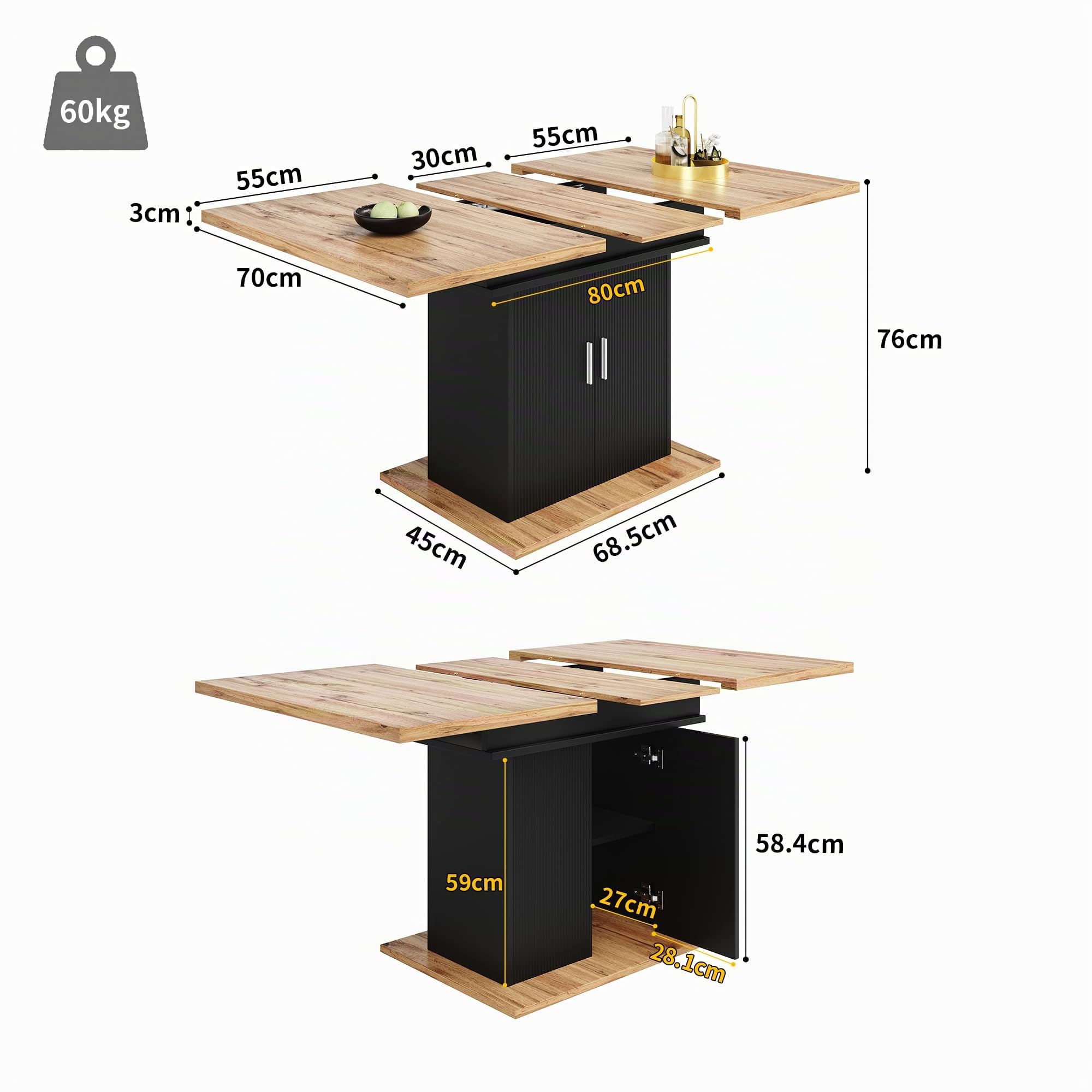 Tavolo da pranzo telescopico (140 x 70 cm), tavolo da pranzo allungabile con ripiano, tavolo da cucina salvaspazio, con tre ripiani, per cucina e soggiorno, naturale+nero