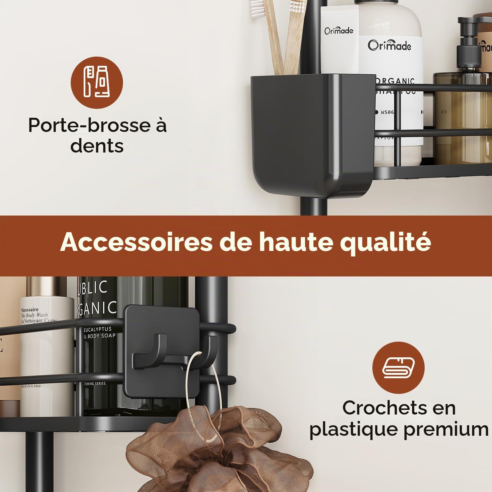 Orimade Lot de 3 étagères de Douche Debout - sans perçage - pour Salle de Bain - Noir
