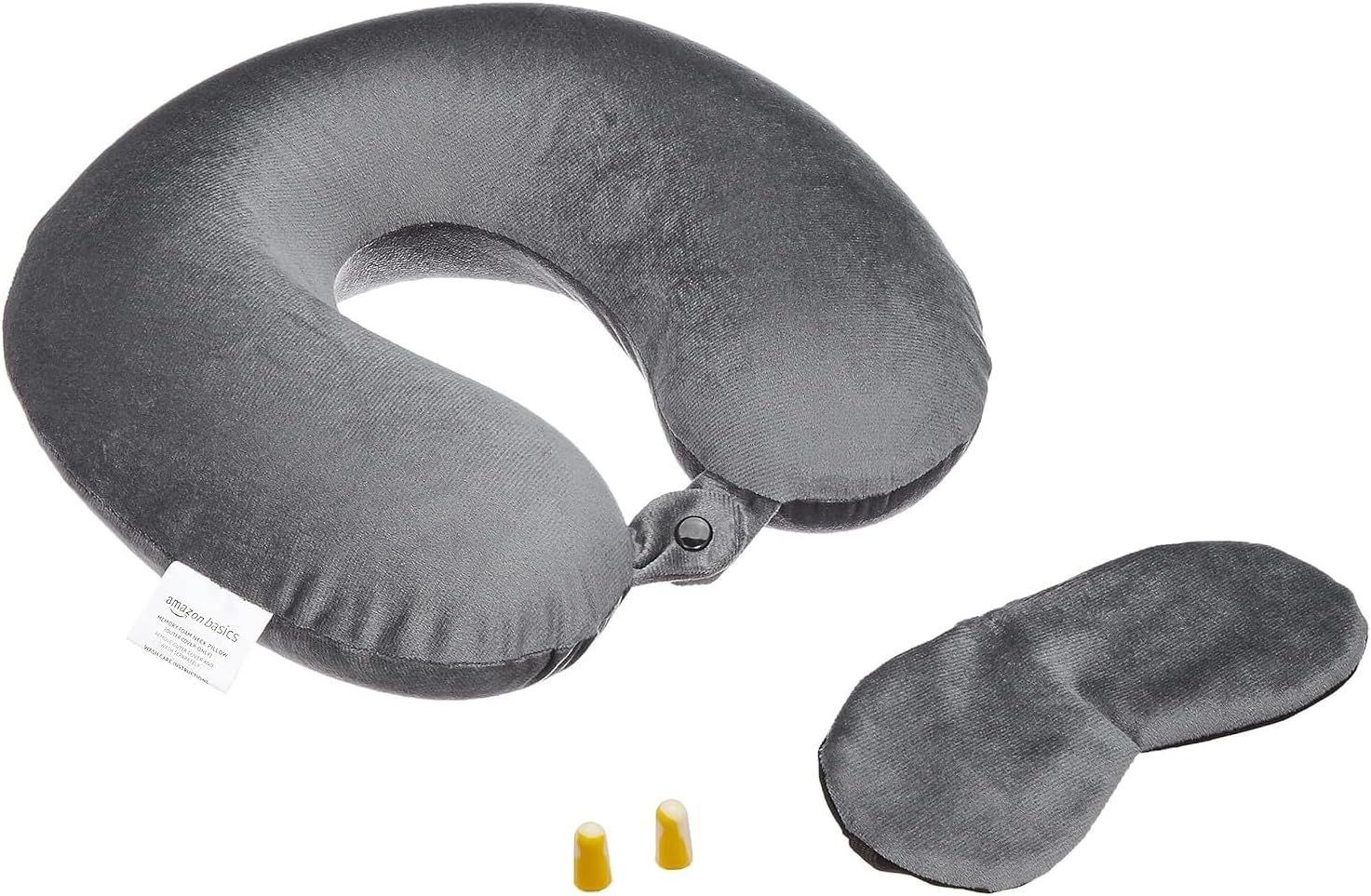 Amazon Basics Memory Foam Travel Neck Pillow with Eye Mask & Ear Plugs Combo|Ultra Soft Velvet Fabric|Ergonomically Designed for Ultimate Comfort for Air, Car, Train, Bus Travel- Grey, Standard Size