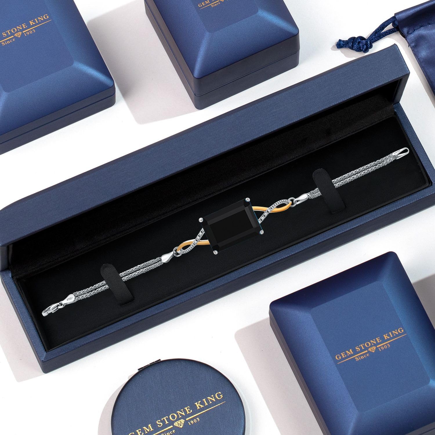 Gem Stone King 925 Silver and 10K Yellow Gold Black Onyx and Lab Grown Diamond Bracelet For Women | 15.14 Cttw | Gemstone December Birthstone | Emerald Cut 18X13MM | 6.5/7/7.5 Inch | Made In Italy
