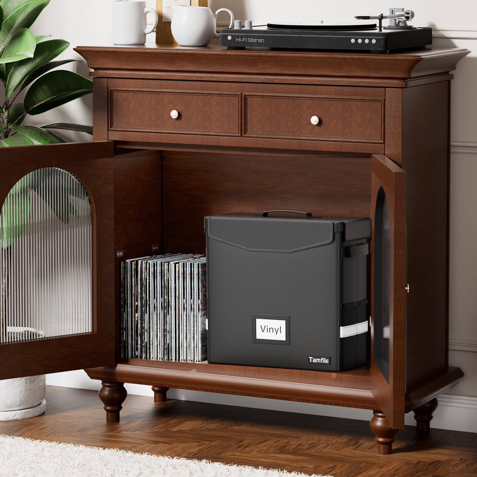 Tamfile Estuche de almacenamiento LP, caja de discos de vinilo ignífuga con cerradura, funda de transporte portátil plegable para DJ con cremallera impermeable con capacidad para hasta 50 + discos de