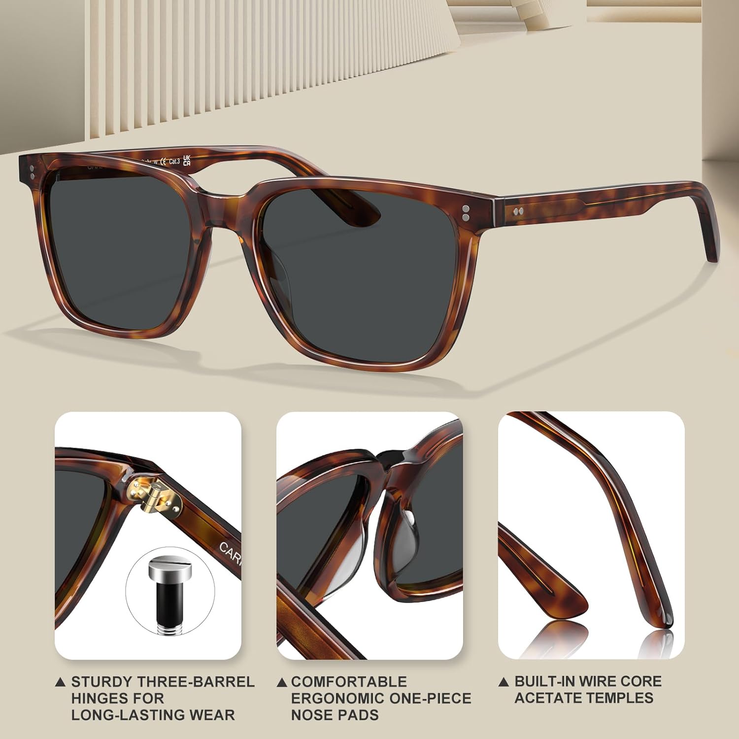 CARFIA Retro Acetate Polarized Sunglasses for Men UV400 Protection Driving Outdoor Anti-Glare Sun Glasses CA5354WS - Image 4