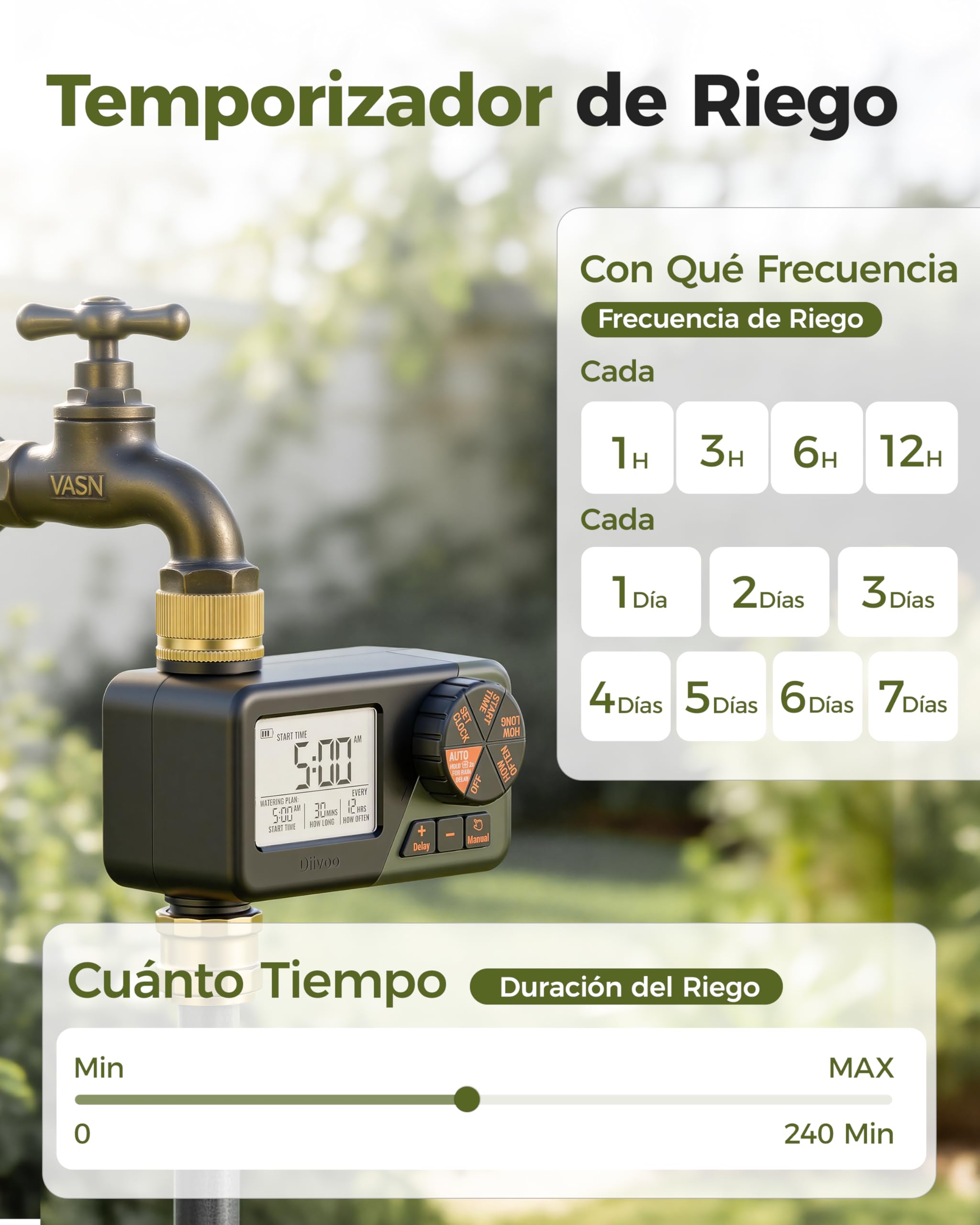 Diivoo Programador Riego con Entrada y Salida de Latón, Temporizador Riego Automatico con Impermeable IP66, Retraso por Lluvia, Riego Manual, Programador de Riego a Pilas para Jardín, Césped