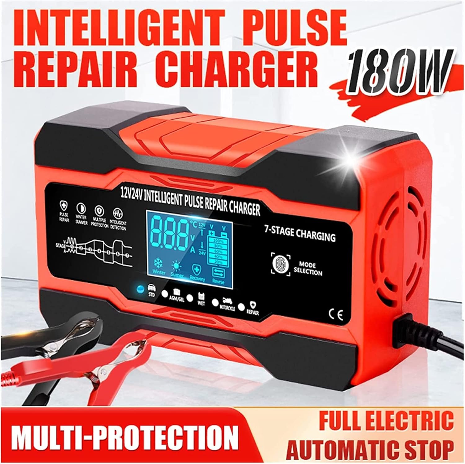 Battery Charger 12V 10A 24V 5A Pulse Repair Charger with LCD Display, Motorcycle & Car Battery Charger,Automatic Smart Fast Battery Charger Smart Charging, Safe and Reliable (Red)