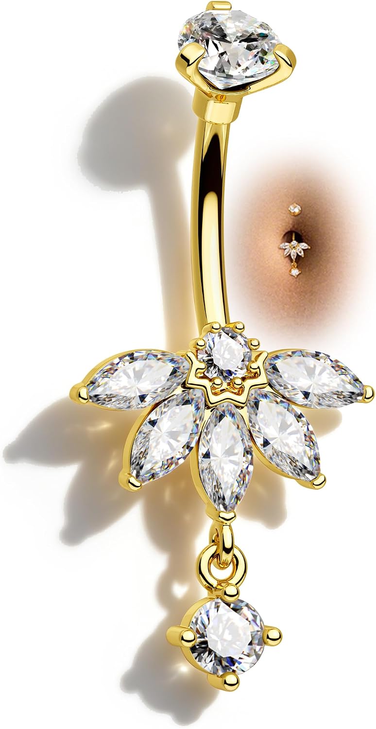 COCHARM Lotus Belly Button Rings, 14G Dangle Belly Navel Rings for Women, Stainless Steel Belly Navel Piercing Jewelry
