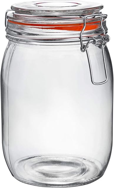 Argon Tableware 1000ml (1 Litre) Clear Glass Storage Jar with Orange Airtight Silicone Seal and Metal Clip Lid - 33.8oz Large Empty Kitchen Container