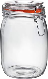 Argon Tableware Glass Jar with Airtight Metal Clip Lid - 1000ml/33.8oz - 1 Pack - 4 Colour Seals - Large Kitchen Storage Container Round Preserving Jar for Pickling, Chutney, Jam, Coffee
