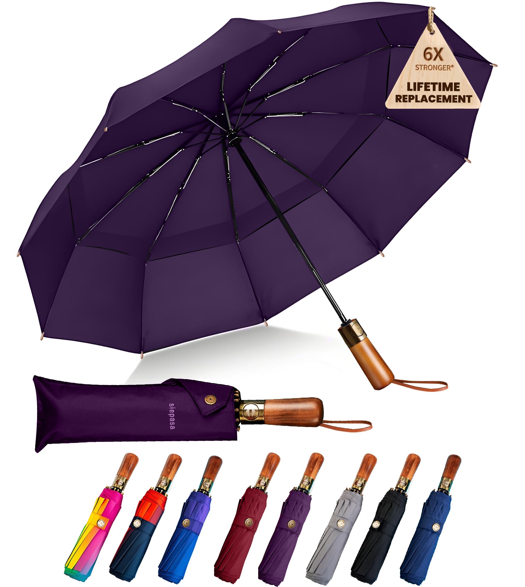 SIEPASA 49/54/62 Inch Windproof Golf Umbrella - Automatic Open/Close, Real Wood Handle - Large Folding Travel Umbrella for Wind, Rain & Sun Protection