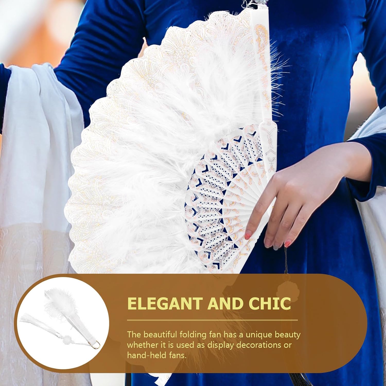 Embroidered Plume Folding Fan with Plume Design, White Gold-tone Tassel Hand Fan for Women, Vintage Chinese Style Dance and Party Accessory