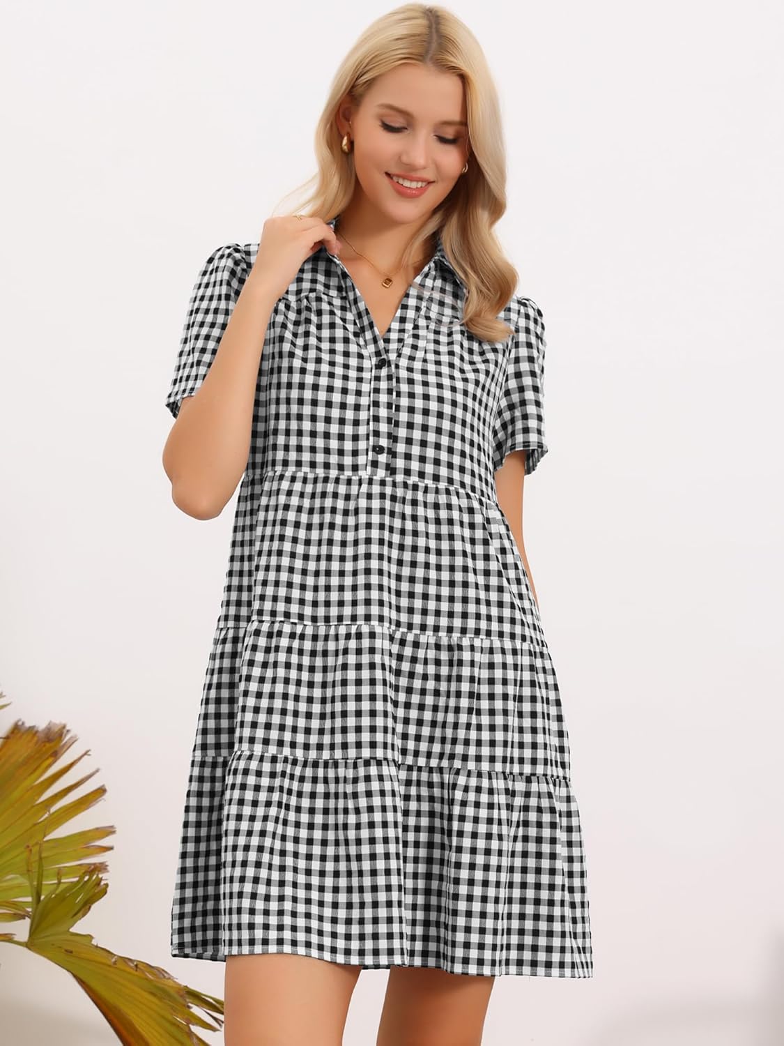 Allegra K Gingham Short Dress for Women Vintage Collared V Neck Short Sleeve Swing Plaid Tiered Mini Dresses - Image 4