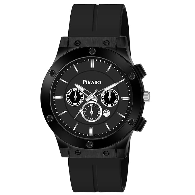 PIRASO Black Date Dial Analog Watch & Black Silicone Magnetic Lock Strap Watch for Men