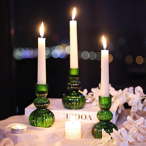 Miniatura 4 de Woho Juego de 3 portavelas cónicos verdes para decoraciones navideñas, portavelas de vidrio acanalado de 4.3 pulgadas de alto para mesa de boda de