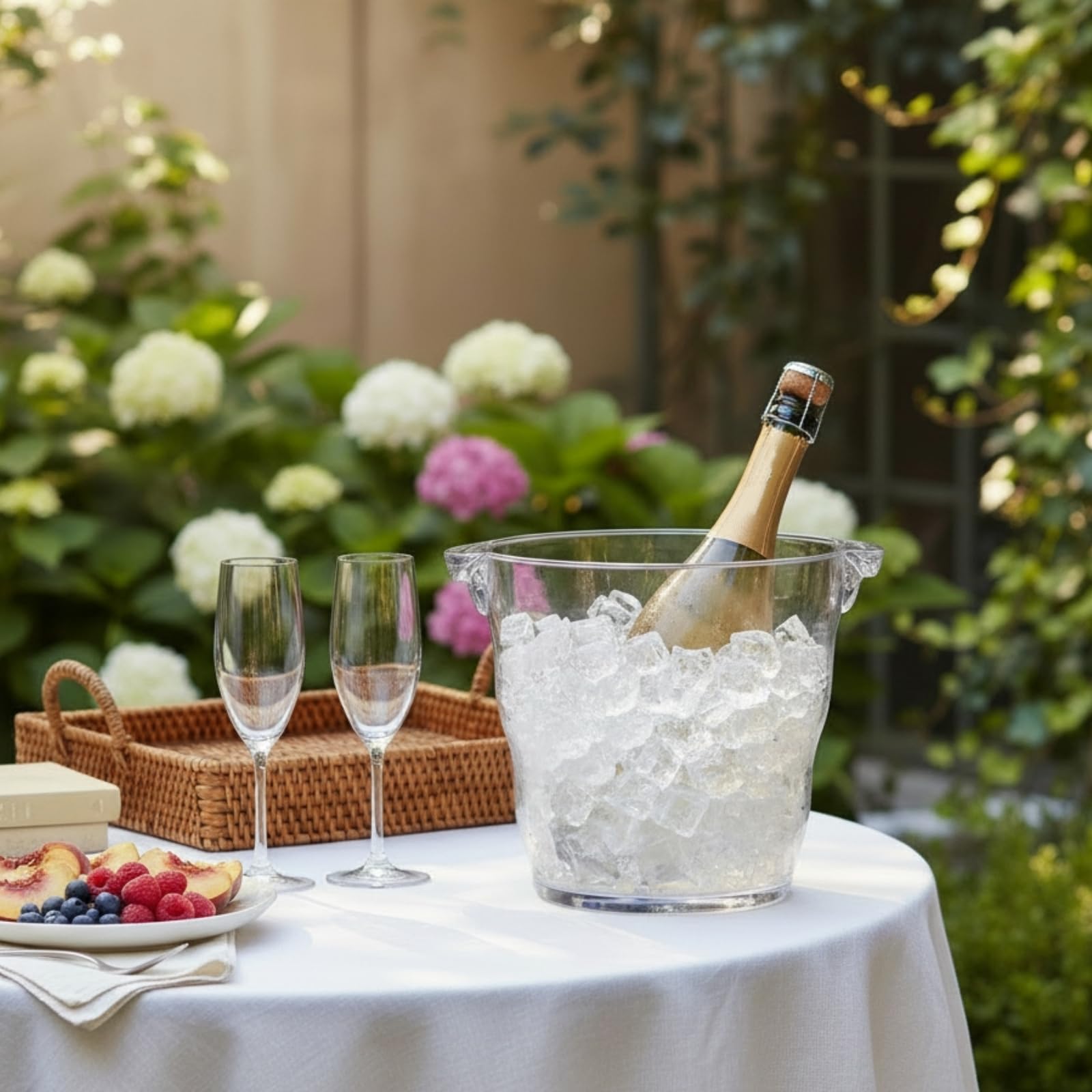 Dicunoy Cubo de hielo, enfriador de cubo de champán acrílico, bañeras de bebidas transparentes con asa, cubo grueso para bar, hogar, fiestas, 4 litros, para 2 botellas de vino o champán